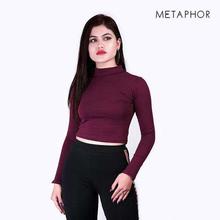 METAPHOR Maroon Plain Crop Top For Women - MT46X