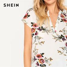 SHEIN Bohemian White V-cut Neck Dip Hem Floral Top Batwing