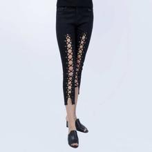 Black Lace Up Quarter Jeans Pant For Women