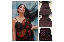 Floral Embroidered Gergeotte Saree With Unstitched Blouse For Women-Black/Red