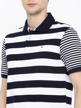 Peter England Men Navy Blue and White Striped Polo Collar T-shirt