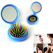 Blue Rainbow Mini Round Foldable Mirror And Hairbrush