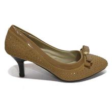 Brown Bow Designed Rhinestone Pointed Shoes For Women
