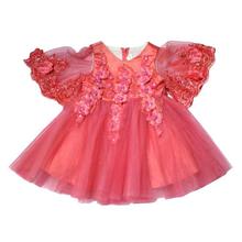 Brick Pink Floral Netted Dress For Girls