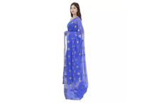 Embroidered Chiffon Saree with Unstitched Blouse For Women-Blue/Golden