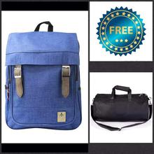 Get Duffle Bag FREE with Double Compartment Flap Unisex Backpack (Blue/Black)- 6007