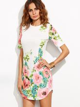 White Floral Print Short Sleeve Dress