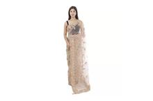 Floral Embroidered Netted Saree with Unstitched Blouse For Women-Cream/Golden