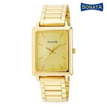 Sonata 7078YM02 Rectangular Gold Dial Analog Watch For Men