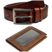 Combo of Skull Studded Belt and Wallet/Bluebook Holder For Men- Brown