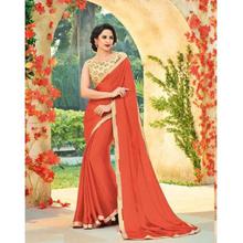 Orange Printed Chinnon Silk Saree With Blouse Piece