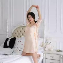 Silk Embroidery Babydoll Night Dress With Robe For Women- NS4191640