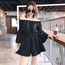 Playsuits Stringy Selvedge Slash Neck Mandarin Sleeve High Waist Wide Legs Sexy Lace Up jumpsuit - Black