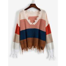 ZAFUL Colorblock Ripped Sweater V-Neck Full Sleeves Loose