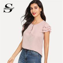 Sheinside Elegant Pink Summer Blouse Women Pearls Beaded