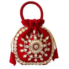 Maroon/Golden Floral Stoned Pouch Bag For Women