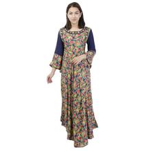 Blue Flower Printed & Embroidered Long Umbrella Kurti For Women