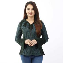 Dark Green Velvet with Cotton Net Front Zippered Jacket For Women-WJK4380