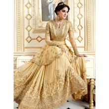 Stylee Lifestyle Embellished Floral Jardoshi Work With Resham Thread Work & Crystal Yellow Semi Stitched Salwar Suit for Party and Wedding