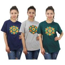 Pack Of 3 Floral Embroidered 100% Cotton T-Shirt For Women- Blue/Grey/Green