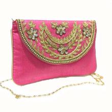 Pink And Gold Thread Embroidered Flap Clutch