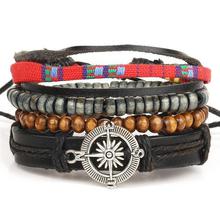 Fashion 4pcs/set Handmade Trendy Vintage Bracelets Female Homme Male Punk Wood Bead Charm Men Leather Bracelet For Women Jewelry