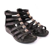 Black Strappy Zippered Wedge Shoes For Women