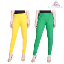 Sheetal Pack Of 2 Solid Churidar Leggings For Women- Green/Yellow