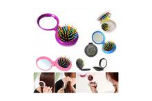 Purple Mini Round Foldable Mirror And Hairbrush