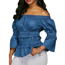 2017 Blue Off the Shoulder Elastic Waist Women Blouses