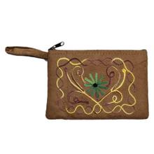 Tan Flower Embroidered Hand Purse For Women