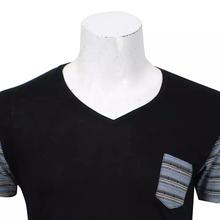 Black Cotton V Neck Striped Sleeve T-shirt For Men