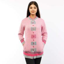 Rose Pink Abstract Printed Front Buttoned Woven Woolen Sweater For Women