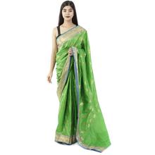 Green/Golden Bordered Kanjivaram Silk Saree With Attached Matching Blouse For Women