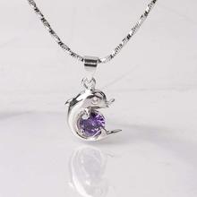 Ouxi Silver Colour Dolphin Purple Crystal Pendant With Chain For Women-K30008-1