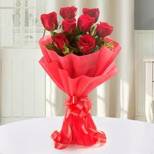 8 red roses with paper packing