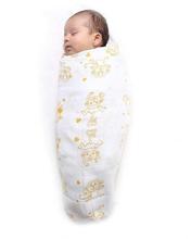 Kaarpas White/Yellow Cotton Muslin Monkey Theme Swaddle- Small