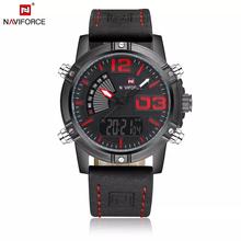 NAVIFORCE  Nf9095 Men Black Watch Sport Led Leather Military Waterproof Dual Time Function Analog Digital Watch