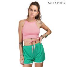 METAPHOR Green Contrast Terry Cotton Shorts For Women - MSH02H