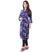 Blue Black Graphic Printed Middle Cut Long Kurti for Women