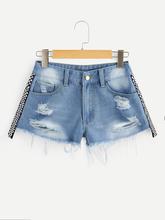 Shredded Checkered Ripped Faded Denim Shorts