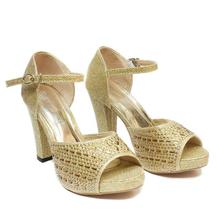 Golden Rhinestones Designed Ankle Strap Heeled Sandals For Women