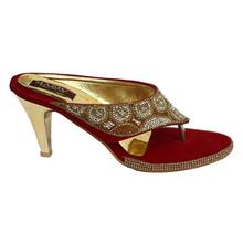 Red/Golden Stones Embellished Heeled Sandals For Women