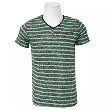 Striped Buttoned V-Neck T-Shirt For Men - Black/Neon