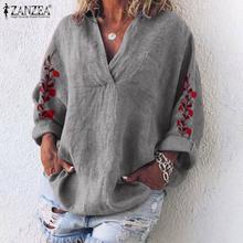 Women V Neck Long Sleeve Blouse Floral Embroidery Tops