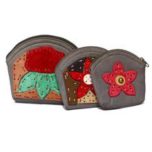 Red/Grey 3 In 1 Flower Stitched Coin Purse For Women