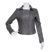 Grey Flap Collared Faux Leather Biker Jacket For Women