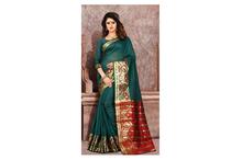 Cotton Silk Printed Saree With Unstitced Blouse For Women-Dark Green/Red