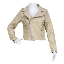 Cream Flap Collared Faux Leather Biker Jacket For Women