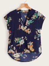 Floral Print High Low V-neck Blouse